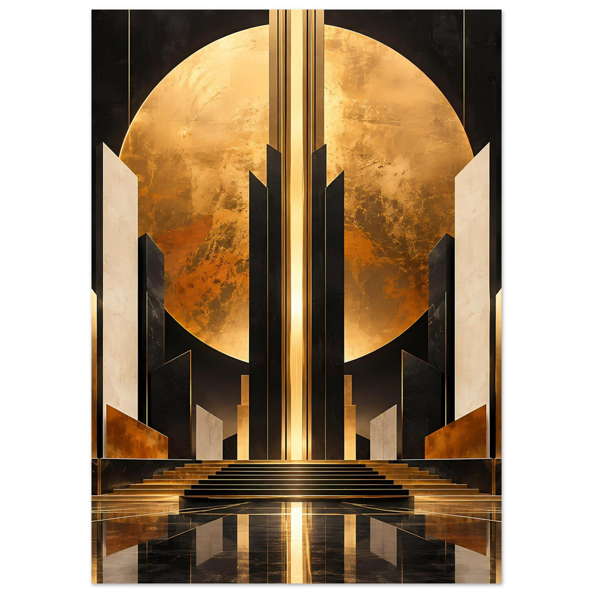 Art-Deco-Poster mit goldener Sonne, schwarzen und goldenen geometrischen Formen, vertikal