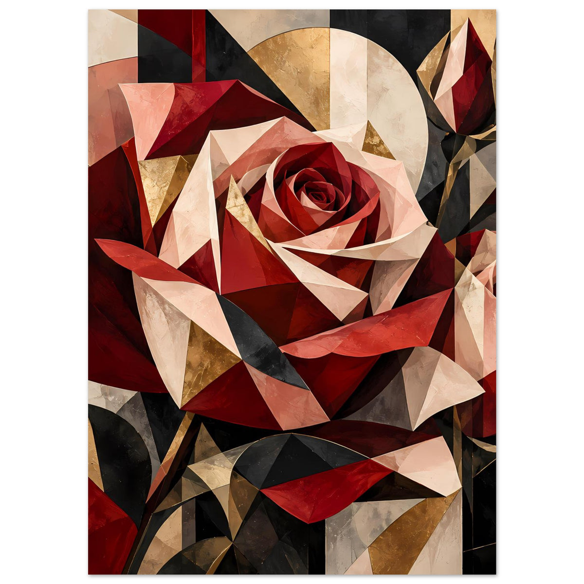 Blumenposter mit geometrischer Rose, rot-braune Blütenmitte und goldene Hintergrundelemente