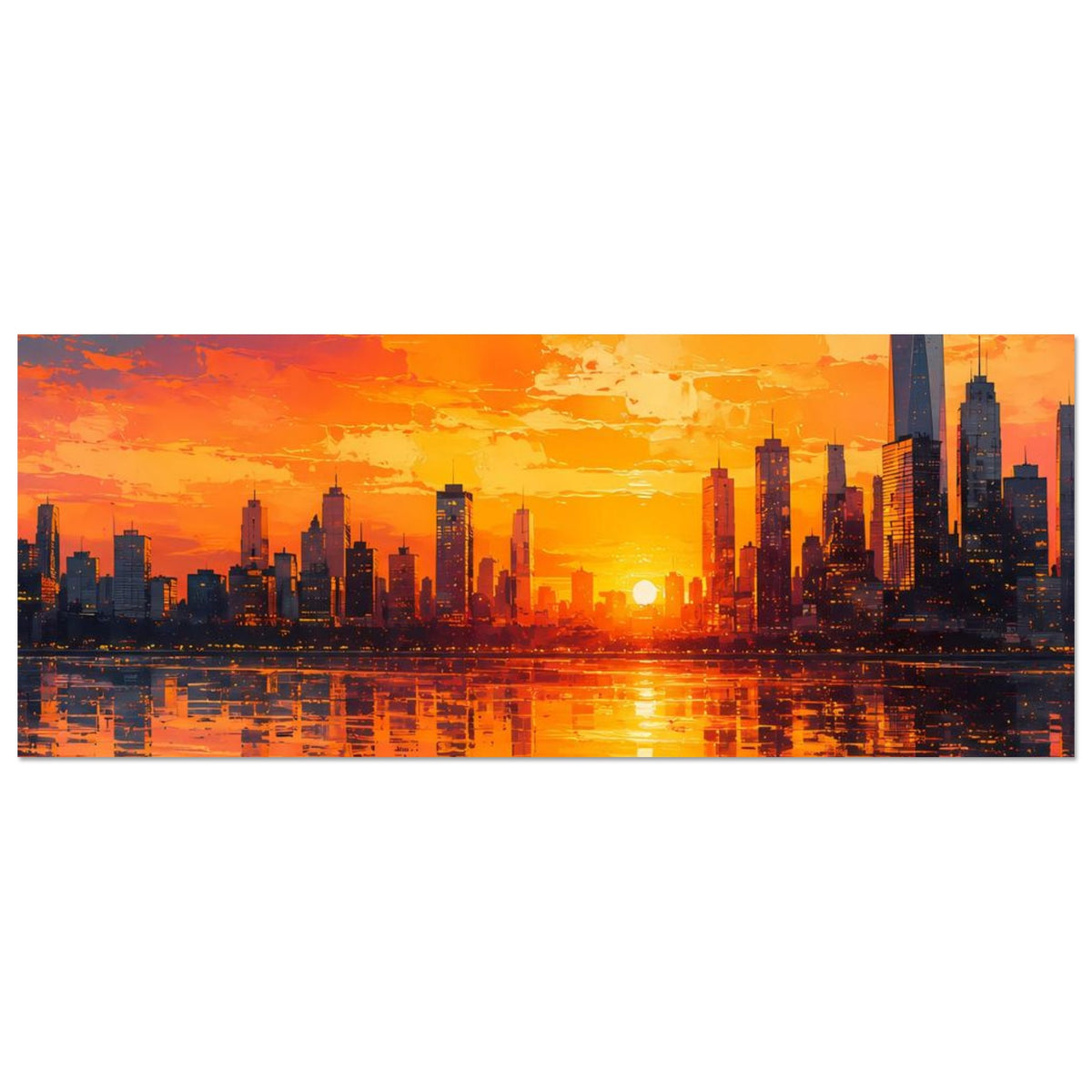 Großstadt-Skyline-Poster im Querformat, Sonnenuntergang und Wasserspiegelung