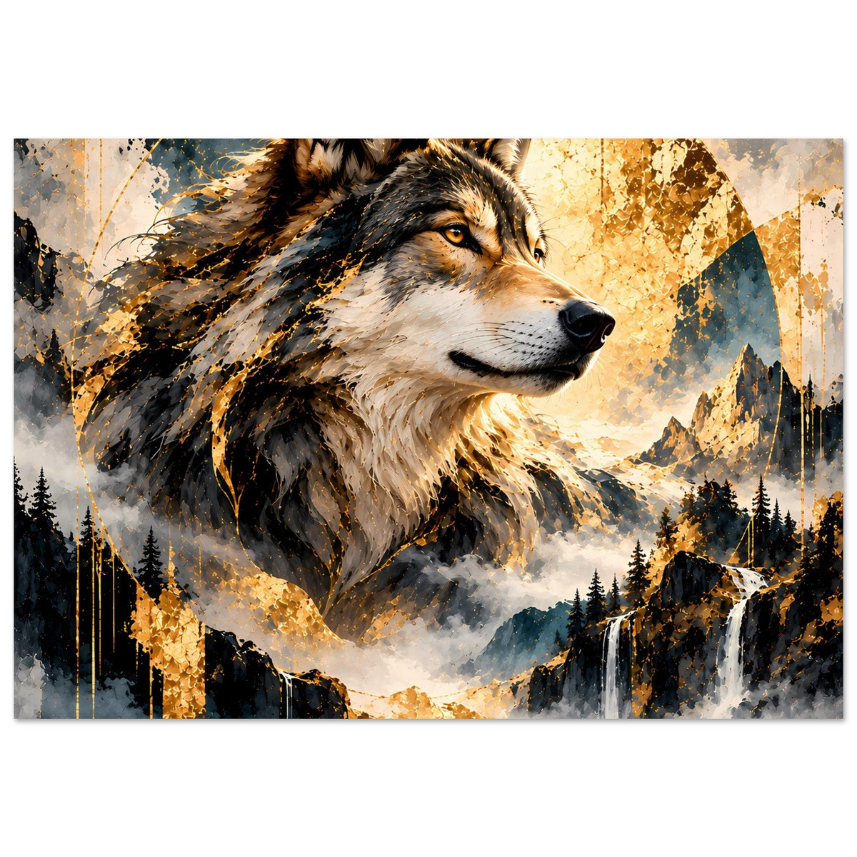 Wolfskunstposter, horizontales Motiv mit Wolfskopf, Wasserfall und goldenen Highlights