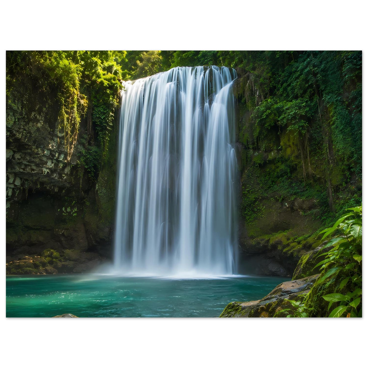 Wasserfall-Poster: silberner Wasserfall in einer grünen Schlucht über türkisgrünem Wasser
