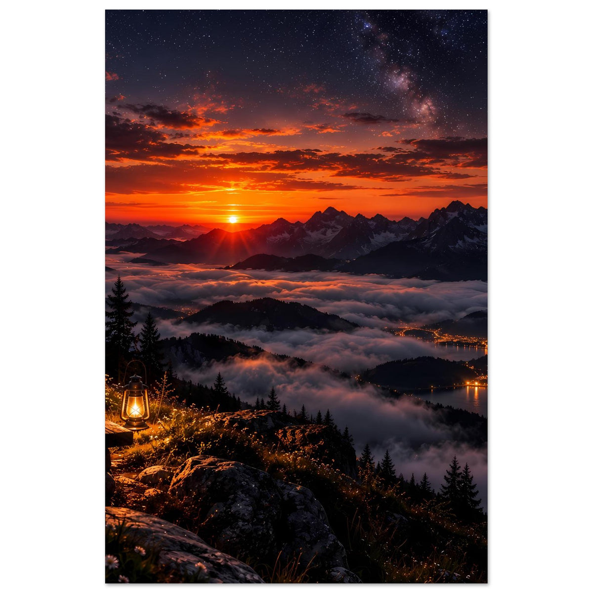 Landschaftsposter im Hochformat mit Sonnenuntergang, Bergsilhouetten, Nebel über dem Tal