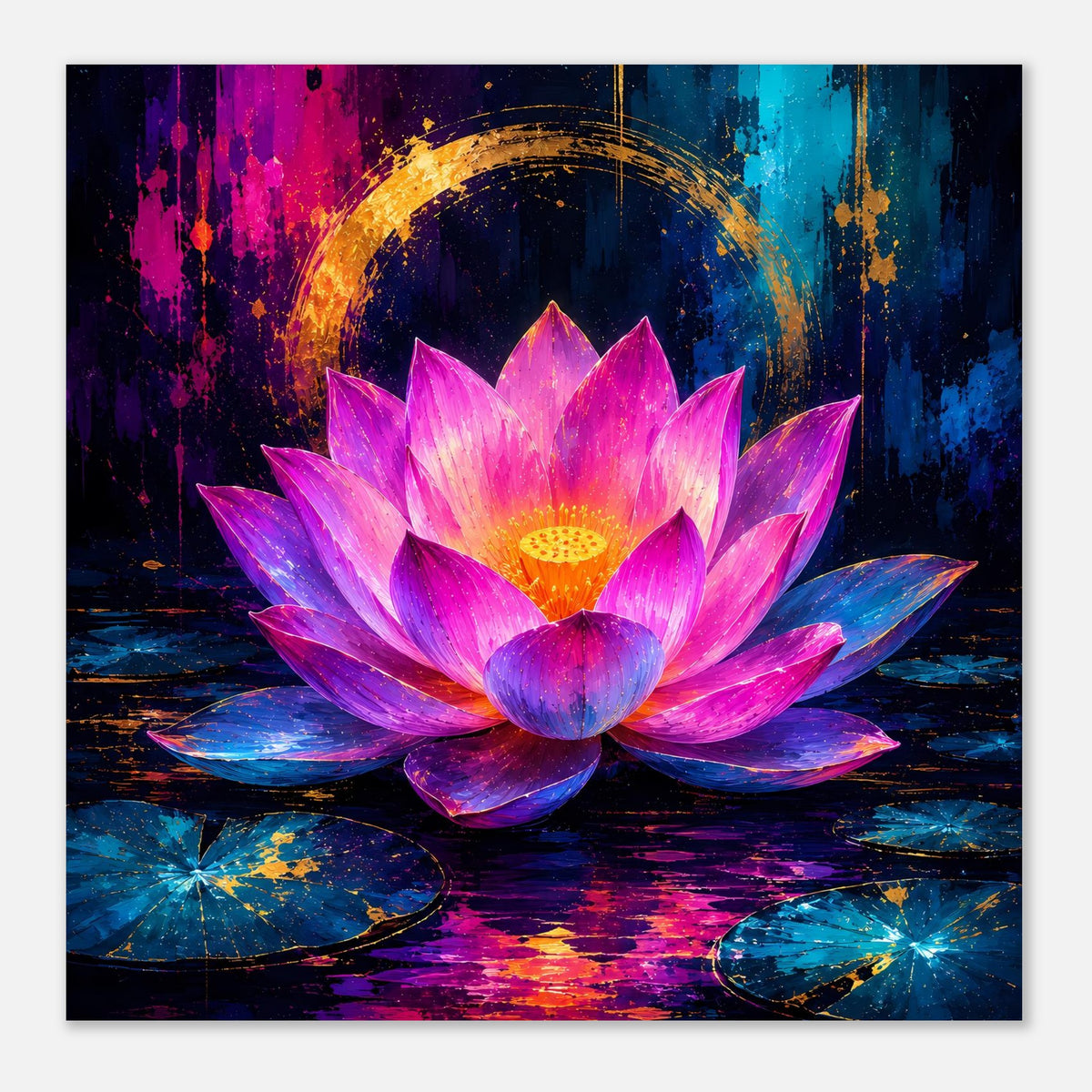 Blumenposter mit Lotusblüte in Violett und Rosa, goldene Kreis-Aura und bunte Kreise
