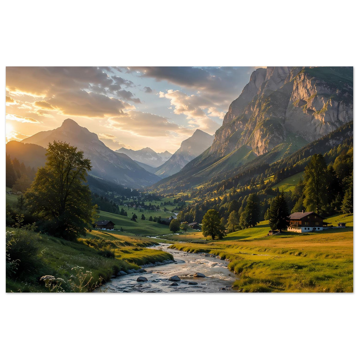 Poster mit Alpenlandschaft bei Sonnenaufgang/Sonnenuntergang, Bach, Berge und Bauernhaus