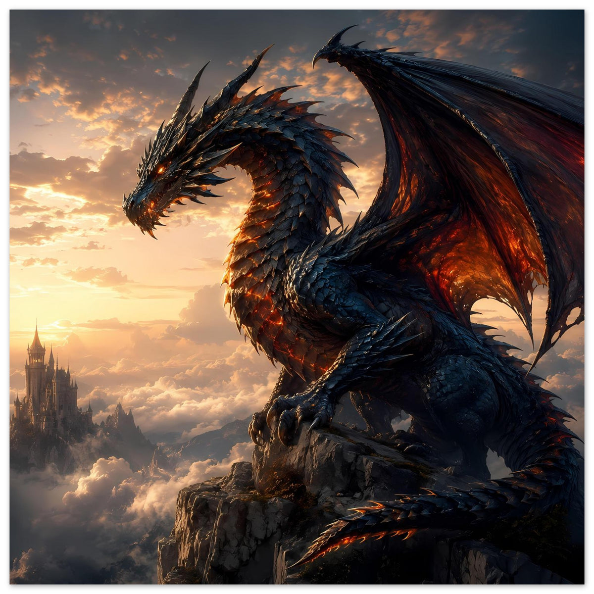 Fantasy-Poster mit blauem Drachen auf Felsen, Feuer-Augen und ausgebreiteten Flügeln im Sonnenuntergang