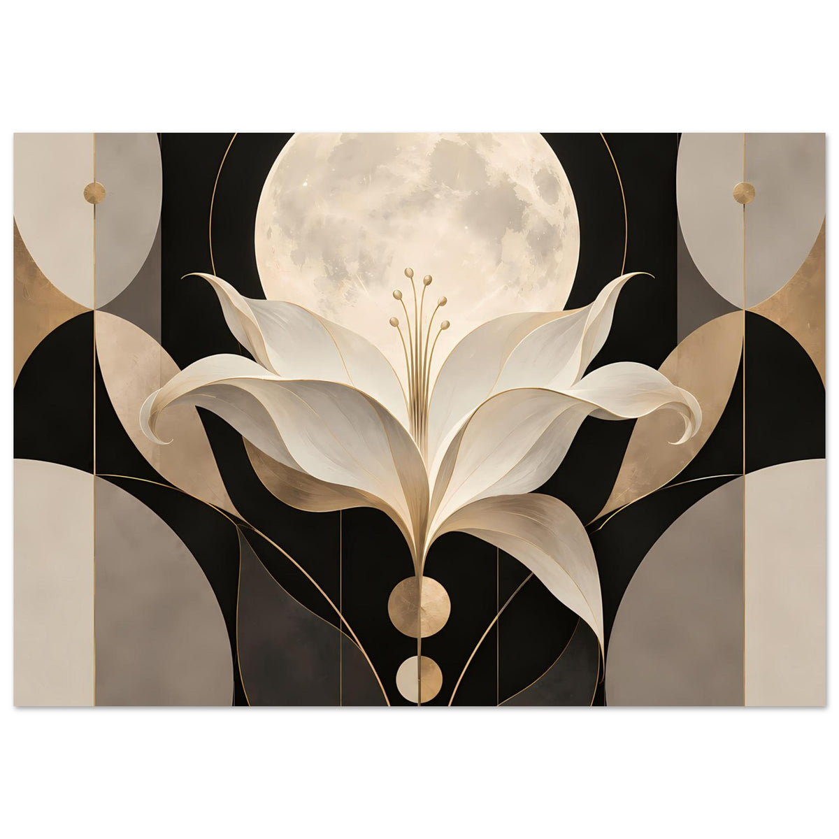 Art-déco-Poster mit cremefarbener Lilie vor Mond in Gold und Schwarz