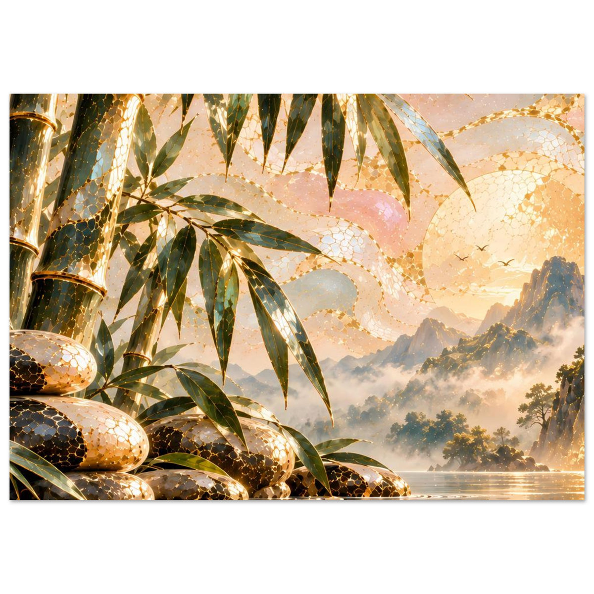 Zen-Wasserfall-Poster: links Bambusstämme, vorne Steine, rechts Berge mit Dunstschleiern