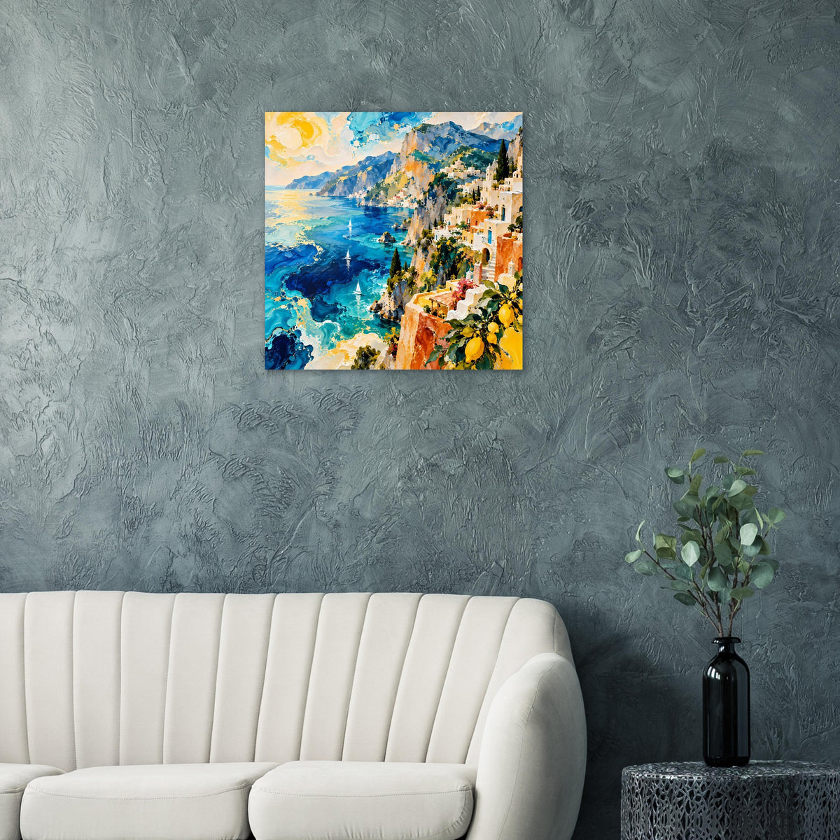 Kunstdruck mediterrane Küste mit blauem Wasser, orangefarbenen Häusern und gelben Akzenten