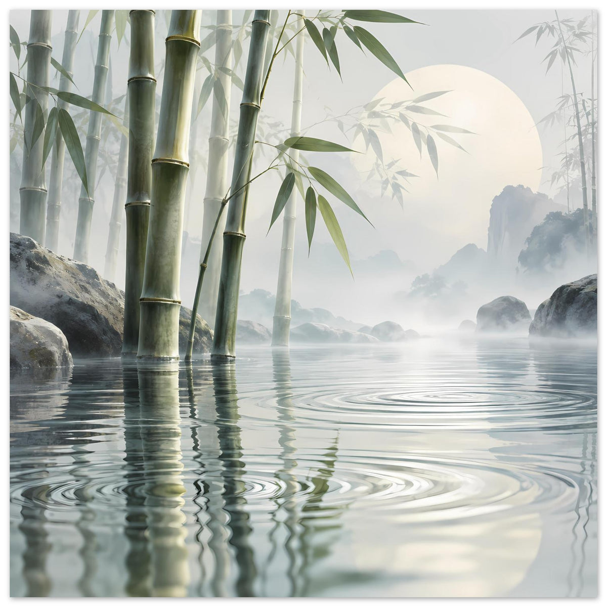 Poster mit Bambus und Wasser, vertikale Ansicht mit Reflexionen und sanftem Nebel