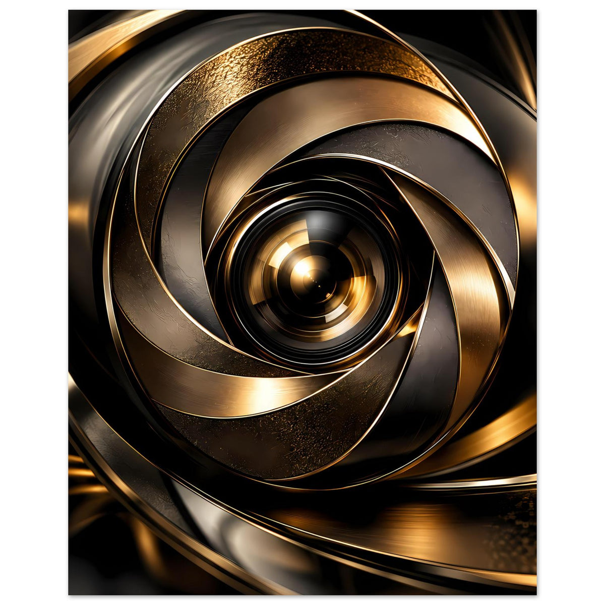 Abstraktes Poster: goldene Spiralringe, zentraler Wirbel auf dunkler Fläche