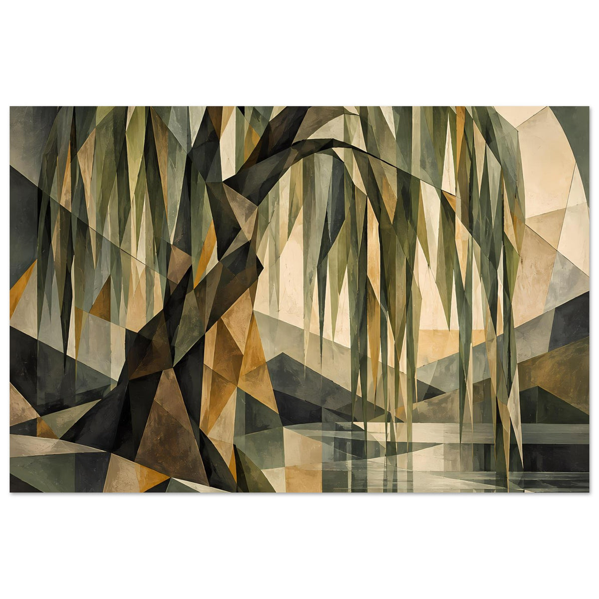 Wandposter im breiten Format mit geometrischem Baum, Facetten in Grün, Beige und Braun