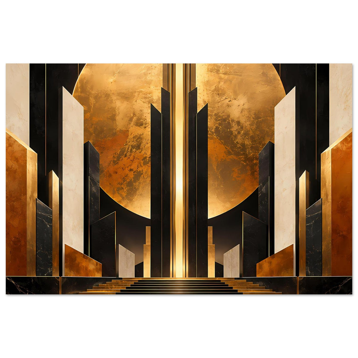 Art-Deco-Poster mit goldfarbenem Torbogen, schwarzen Säulen und Spiegelbodenoptik