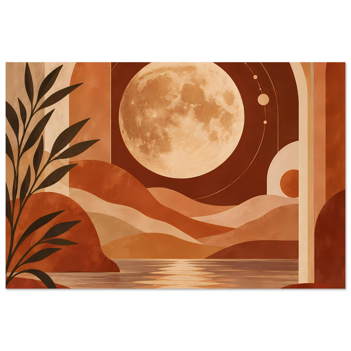 Boho-Poster mit Vollmond, Dünen und Palmen links; zwei weiße Bögen rechts