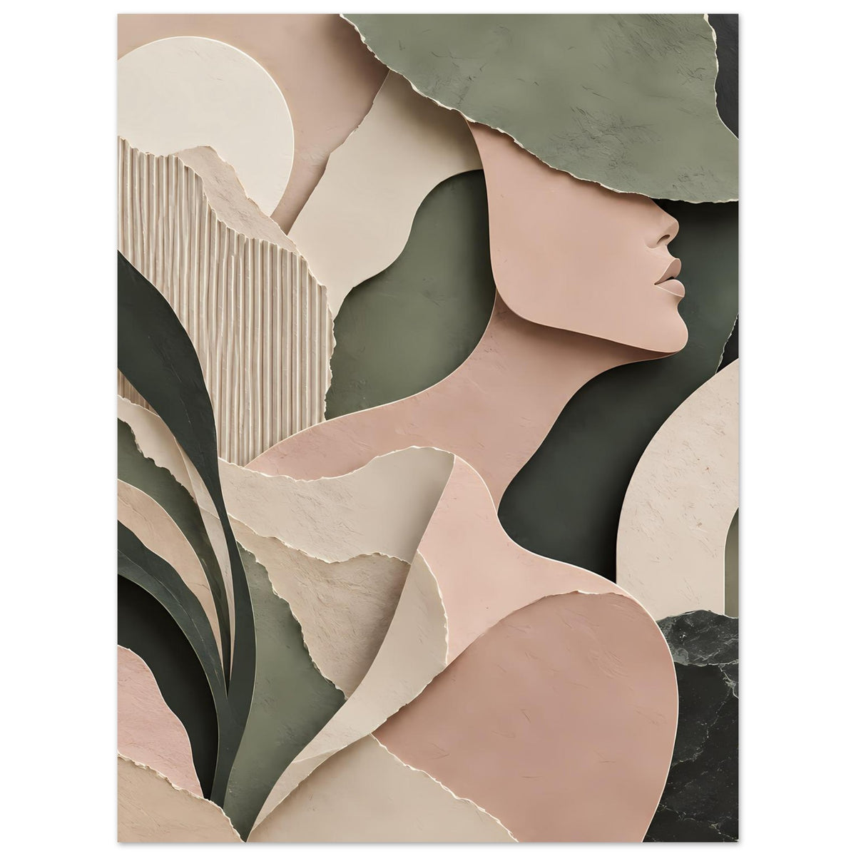 Abstraktes Poster mit Frauenprofil im Relief-Look, beige, grün, schwarz und rosa