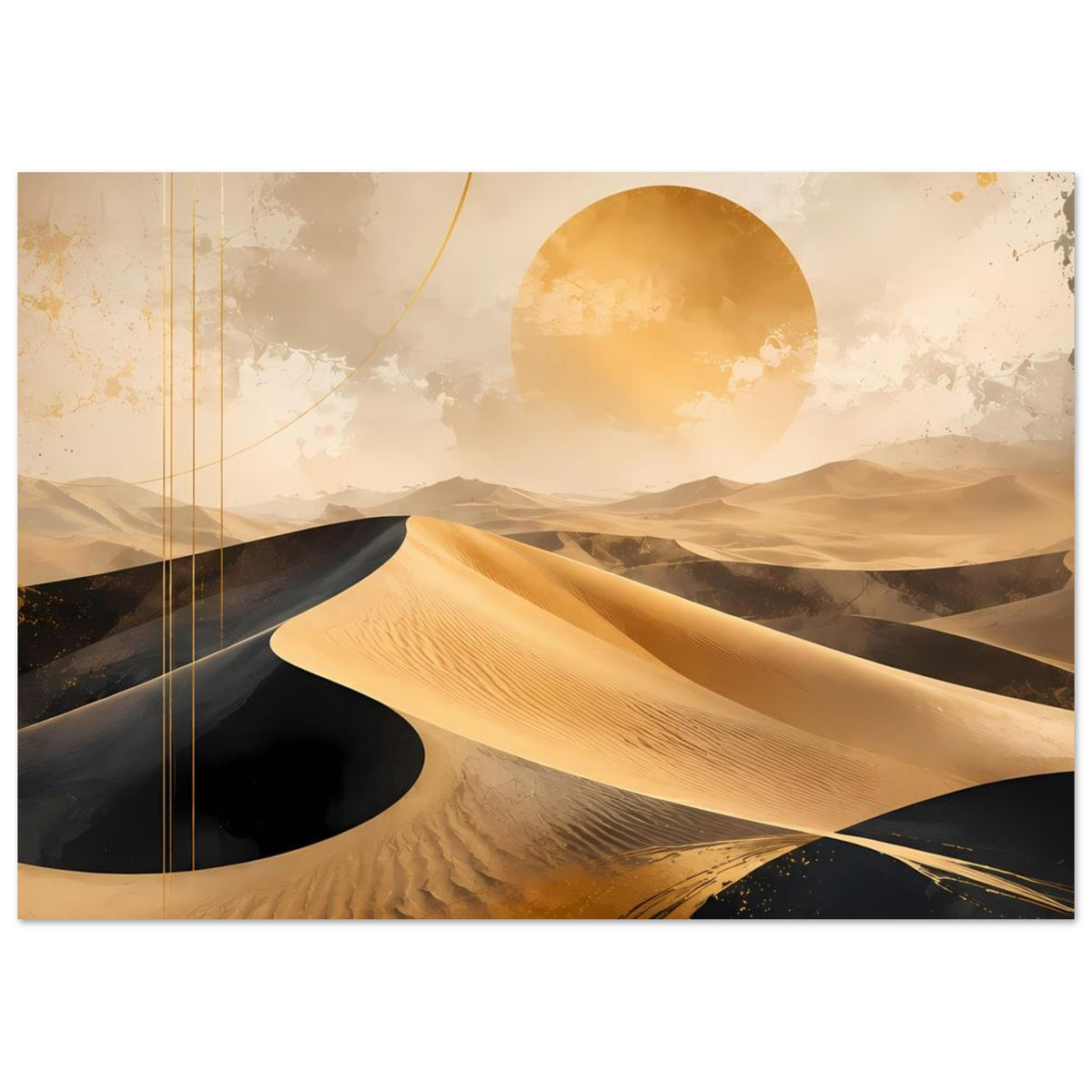 Wüstenposter querformat mit goldenen Dünen, schwarzem Sand und großer Sonnenscheibe