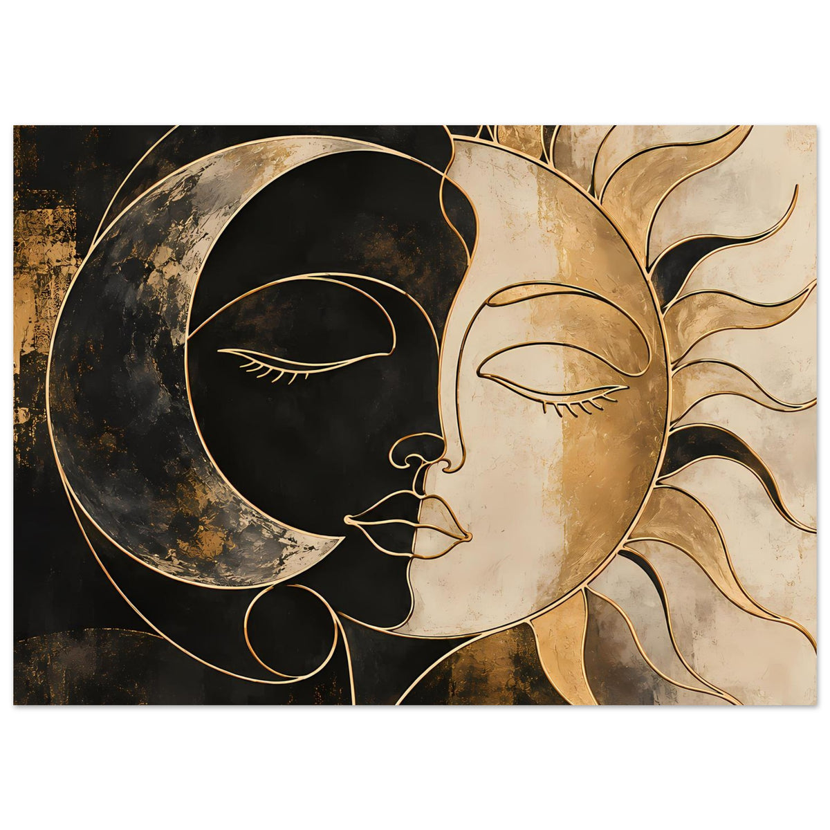 Horizontales Kunstposter: Yin-Yang-Gesichter mit Mond und Sonne, goldene Umrisslinien, abstrakter Stil