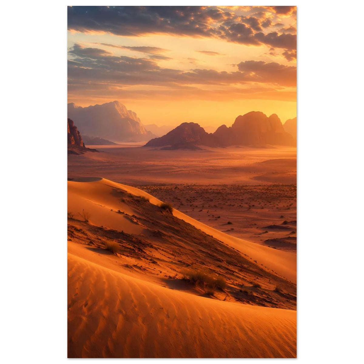 Hochformat-Poster mit Wüstenlandschaft, Sonnenuntergangsfarben, Dünen und Felsformationen