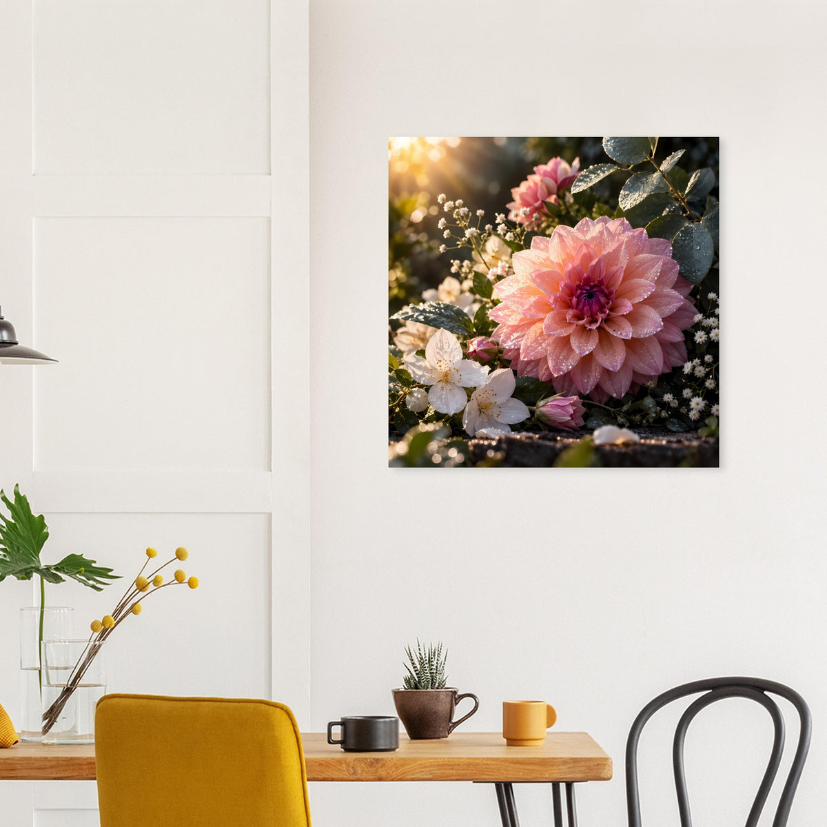 Blumenposter mit rosa Blüte, umkränzt von weißen Blüten und dunklen Blättern