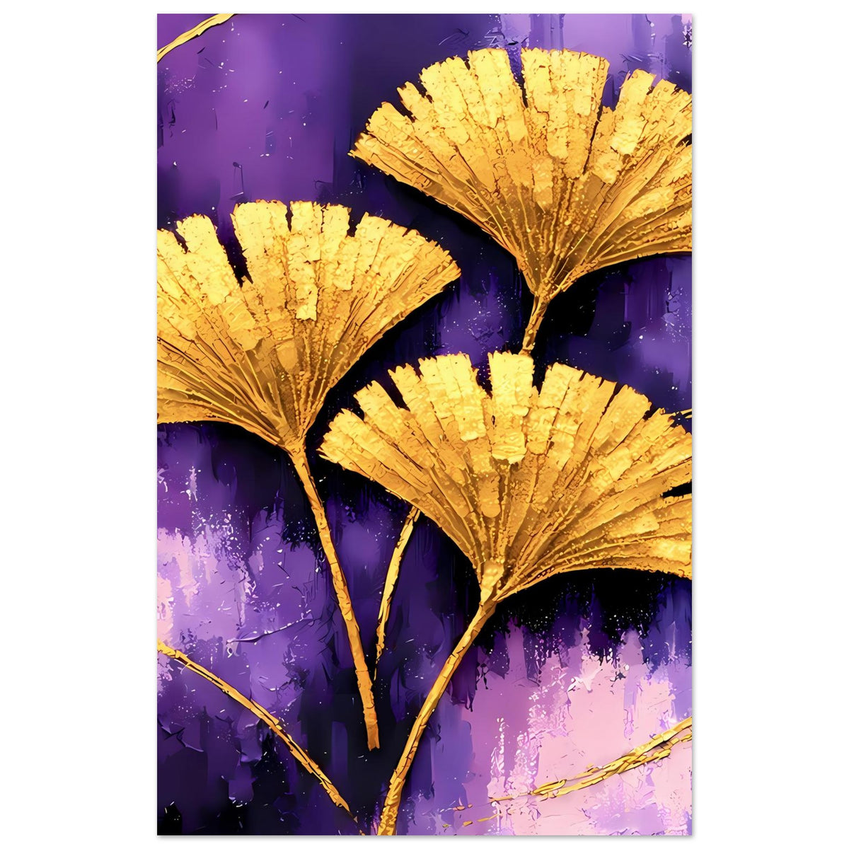Vertikales Poster mit goldenen Ginkgo-Blättern auf violettem Hintergrund, engerer Ausschnitt