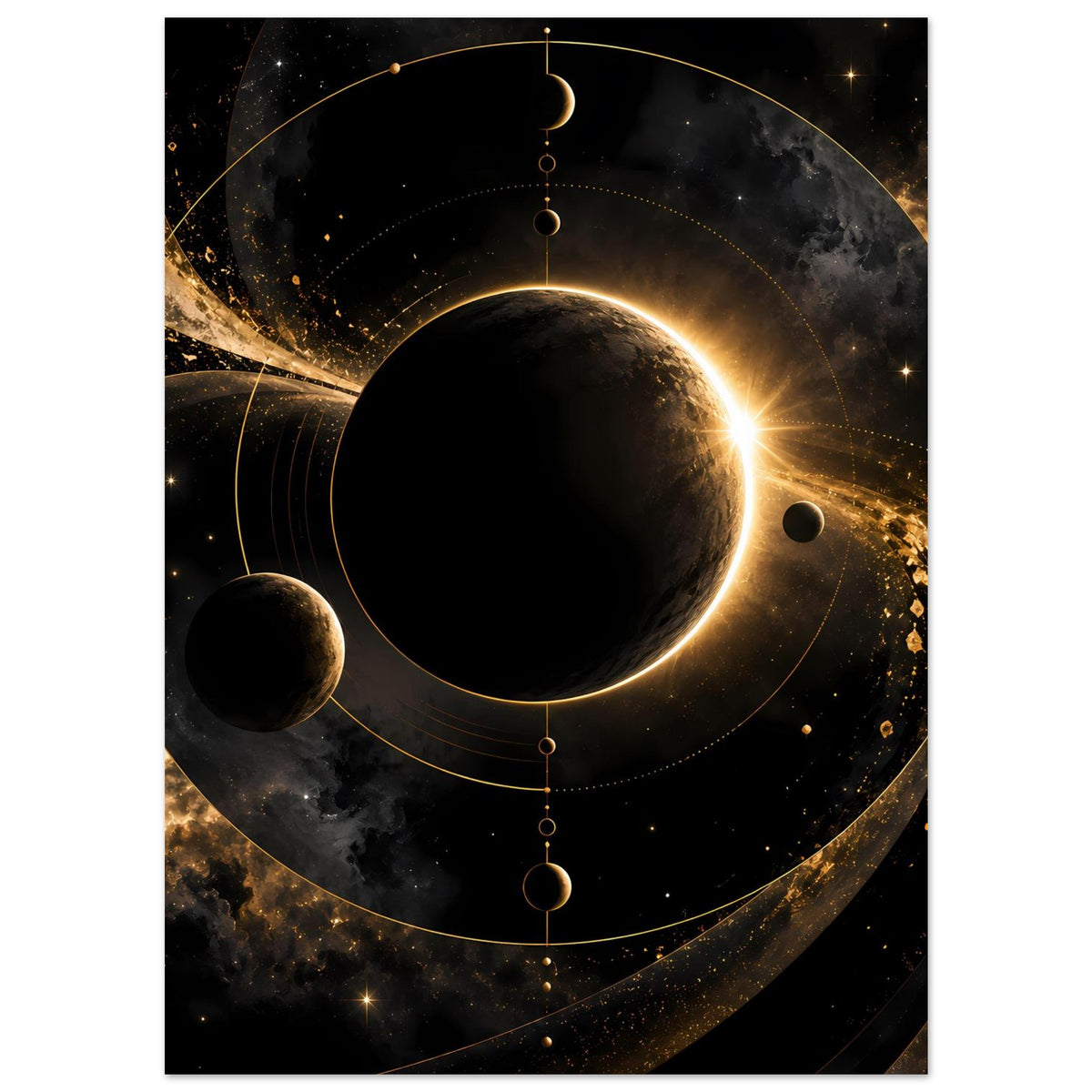 Weltraum-Poster mit zentralem schwarzen Planeten, goldenen Bahnen und leuchtender Sonne