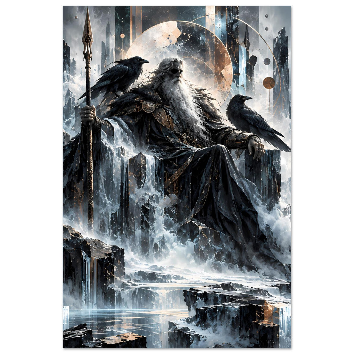 Mythologie-Poster (vertikal): Odin auf dem Thron, Raben und Kreisbogen im Hintergrund