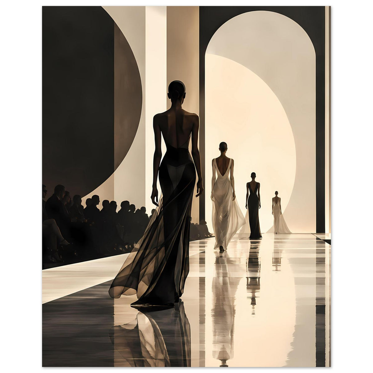 Wandposter mit Fashion-Runway: Silhouetten in dunklem Kleid und hellen Roben, Spiegel auf Boden
