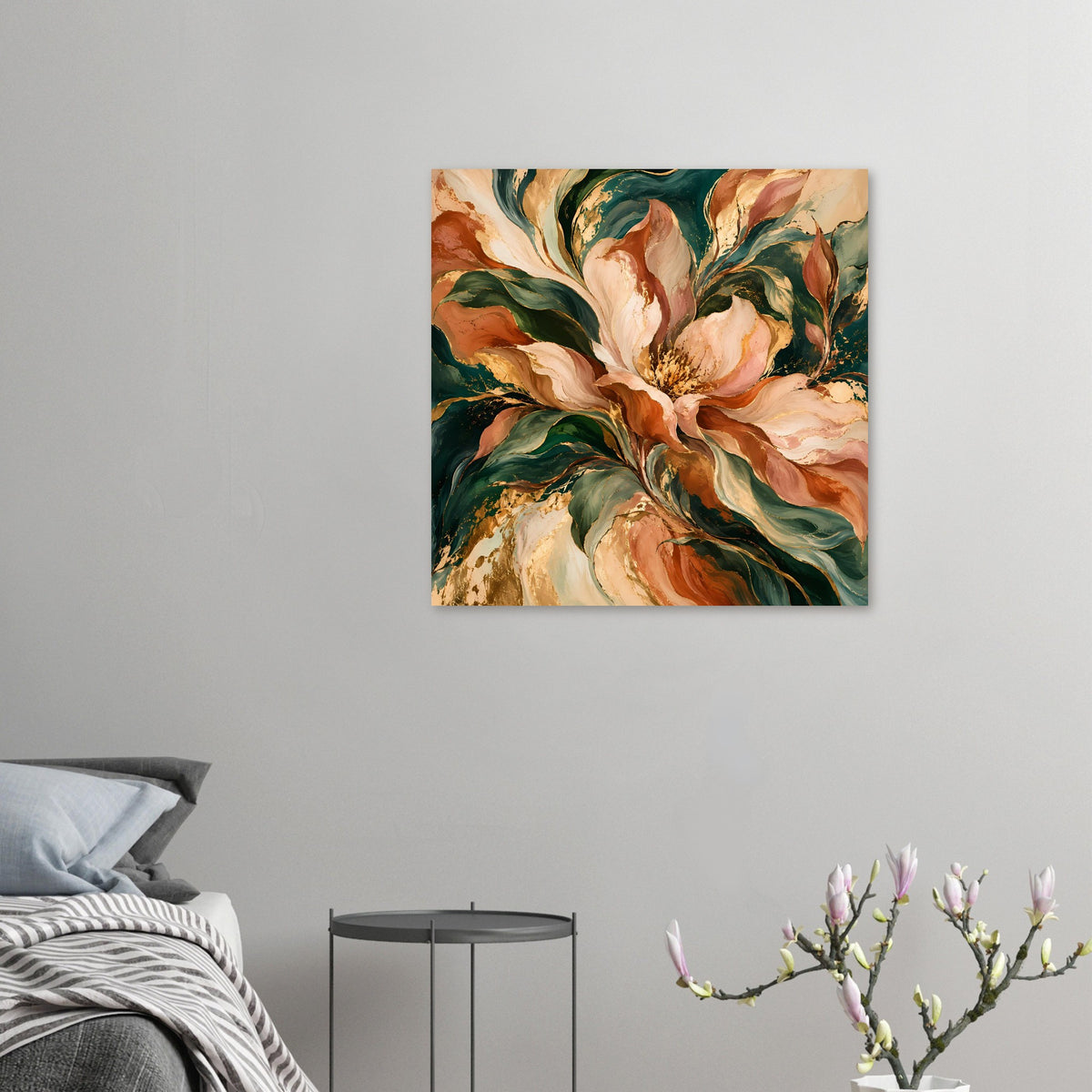Kleines Blumenposter mit Pfingstrosen in Creme, Grün und Terrakotta