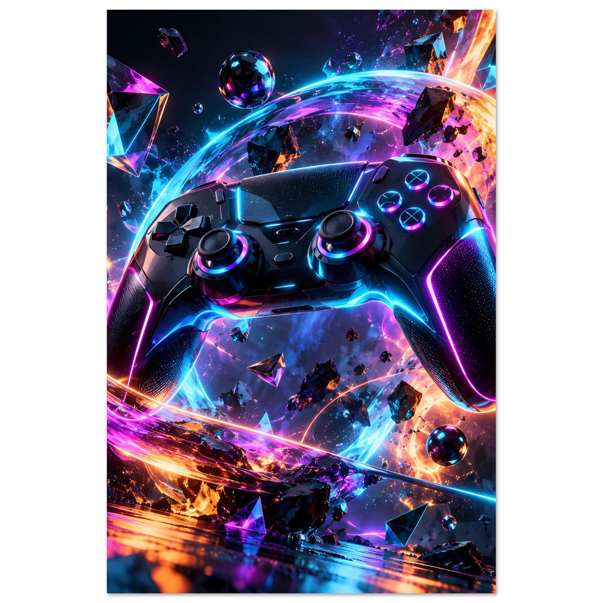 Neon-Poster im Hochformat: Controller-Motiv mit Regenbogenlichtern und abstraktem Feuer