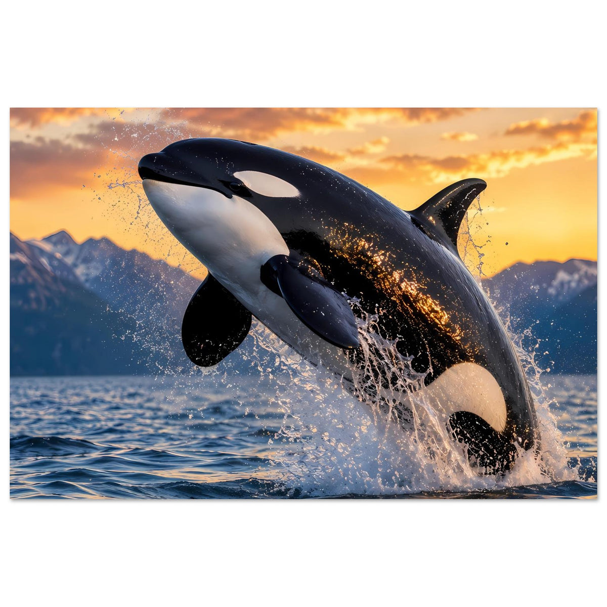 Horizontales Poster: Orca springt über dem Wasser, schwarz-weißes Muster und Spritzer.