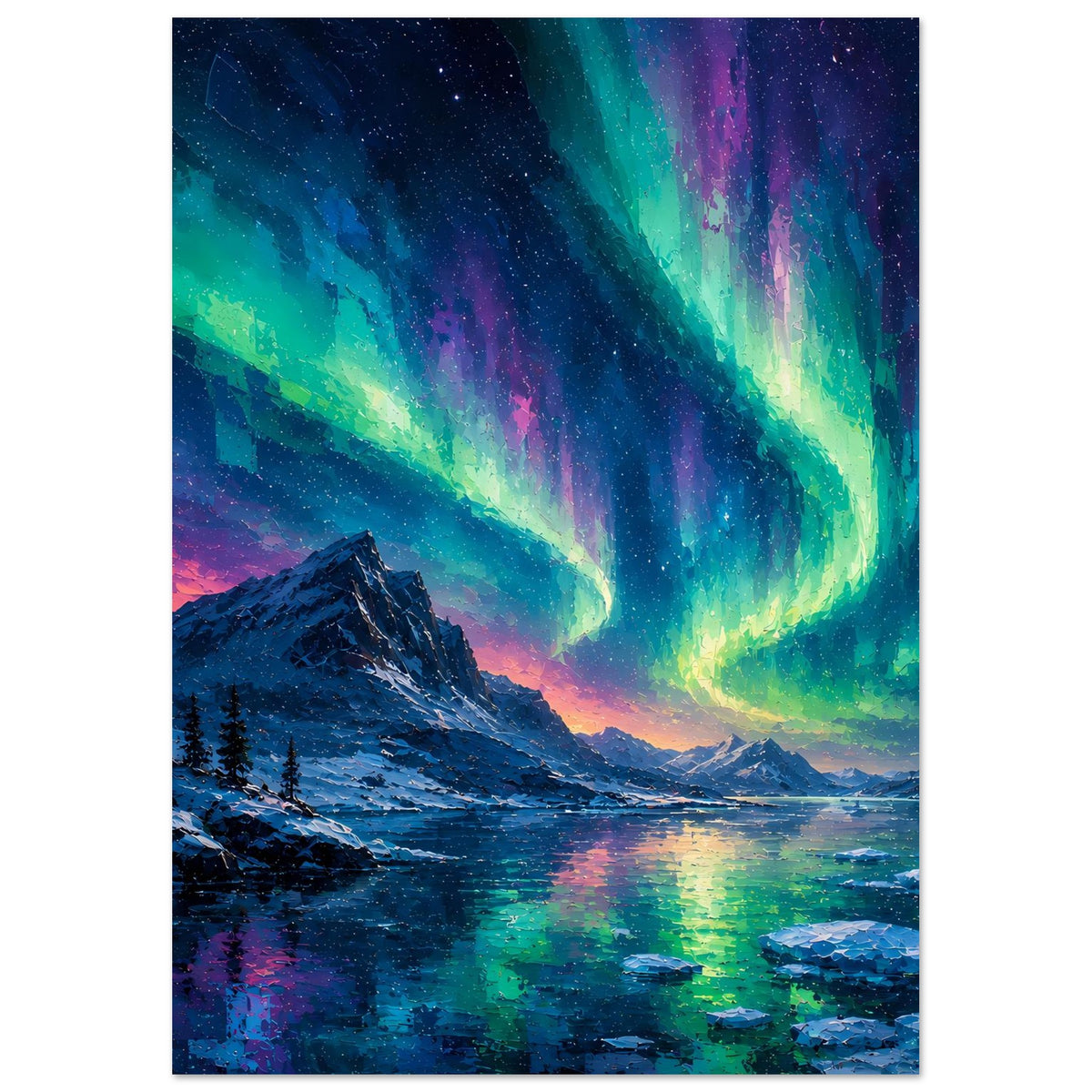 Fine-Art-Poster im Hochformat: Polarlicht über winterlicher Landschaft mit Fluss und Felsen