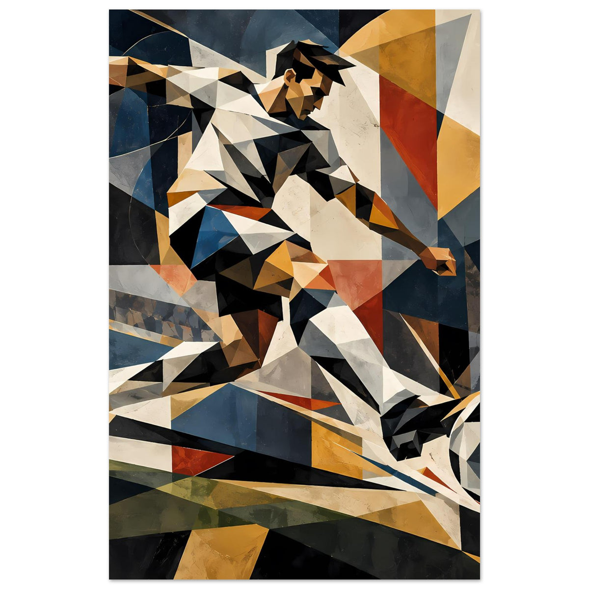 Abstraktes Fußballspieler-Poster mit Polygon-Design, dynamischer Spielpose, farbige Flächen