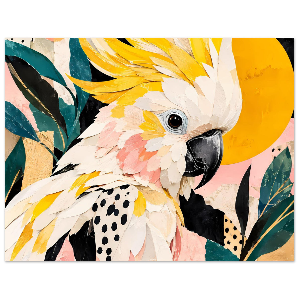 Vogelkunst-Poster Kakadu, klare Federtextur, gelb-rosa Töne, schwarze Schnauze, gerahmt