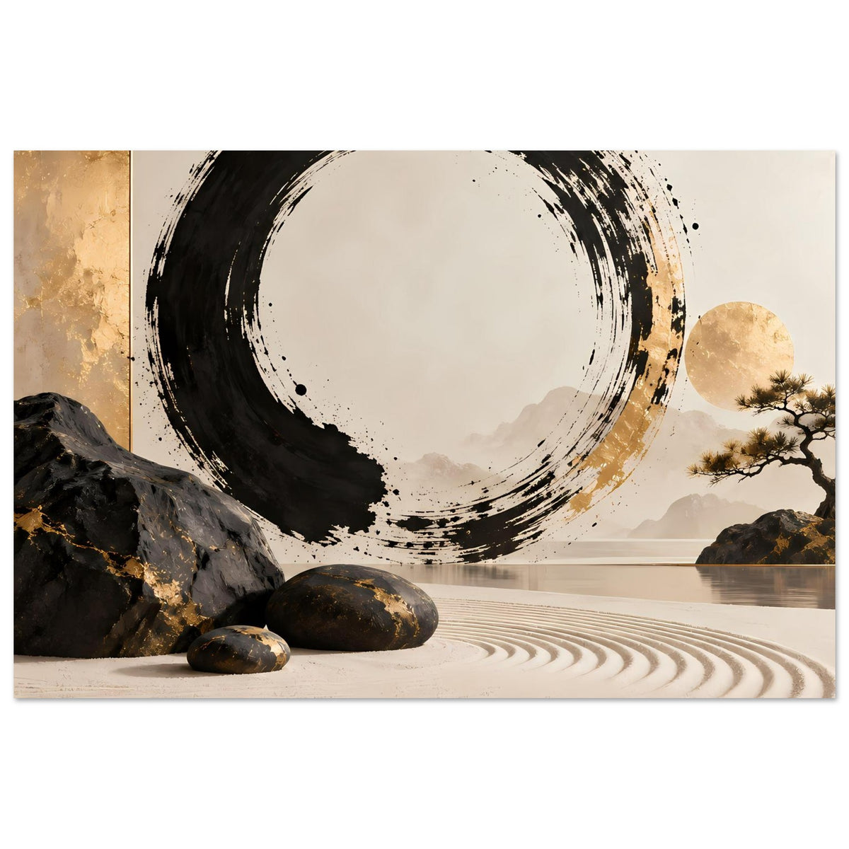 Abstraktes Zen-Poster mit schwarzem Pinselkreis und goldenem Lichtakzent