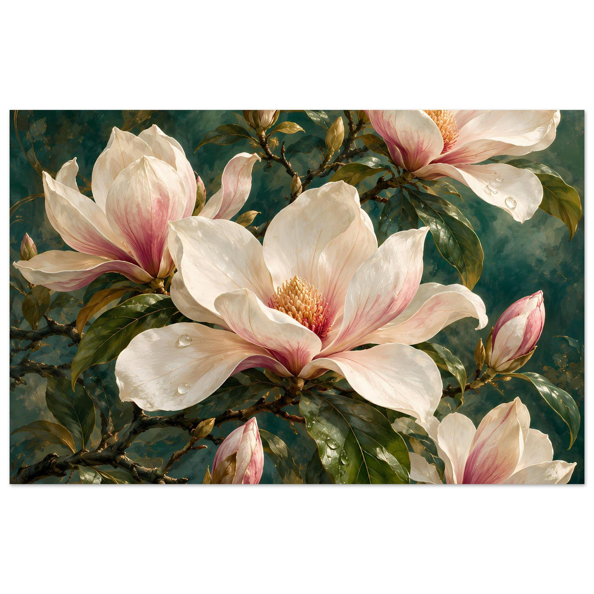 Magnolienblüten-Poster mit cremefarbenen Blüten und rosa Akzenten auf grünen Zweigen