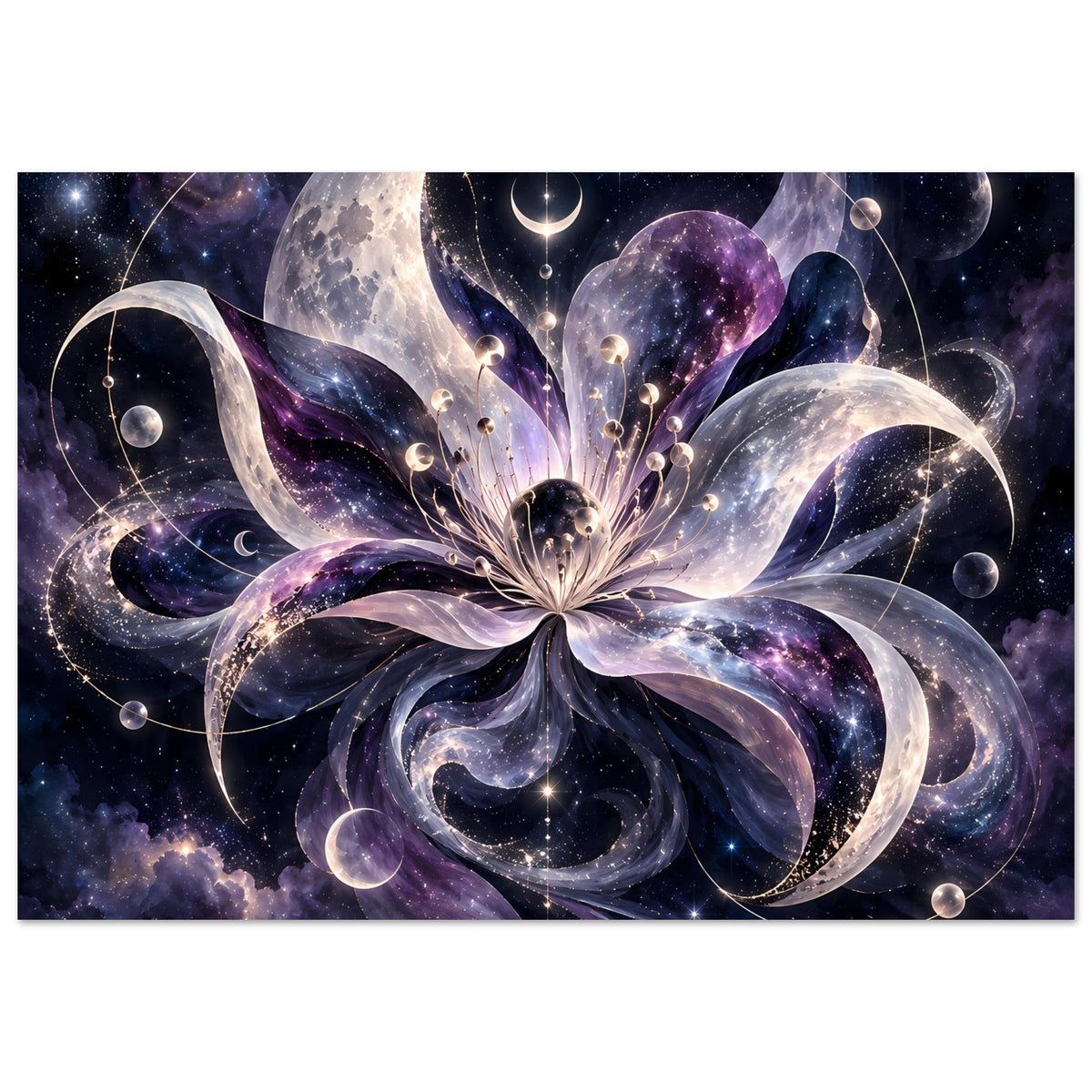 Kosmische Blüte mit Monden, Planeten und Sternen in violett-blauem Weltraum – Motivansicht 41