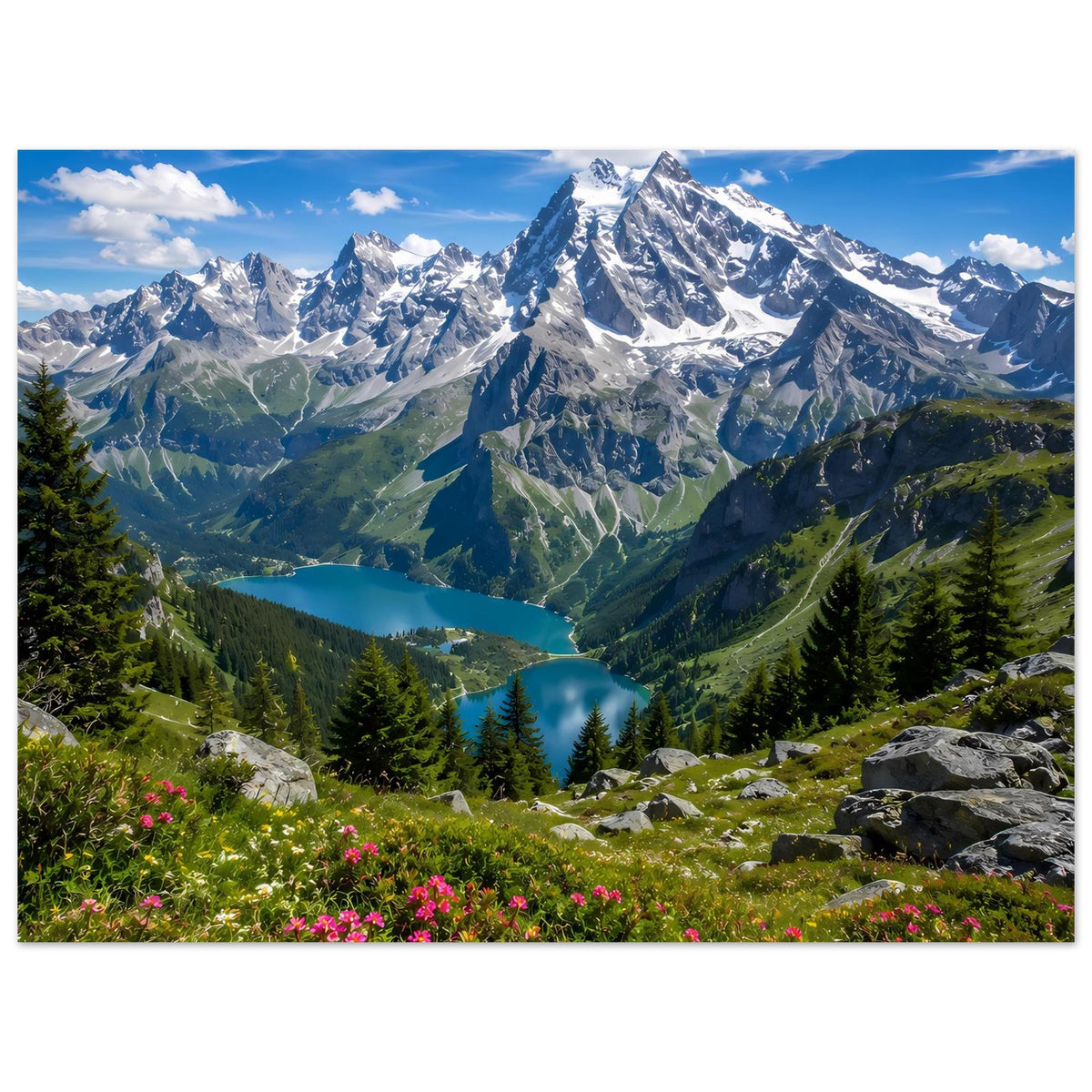 Alpenlandschaft Poster mit schneebedeckten Bergen, grünem Tal, See, Tannen und rosa Blumen am Rand.