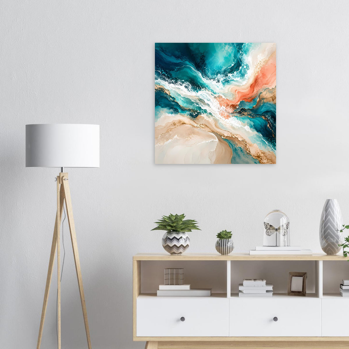 Kleines abstraktes Kunstposter: abstrakte Wellenstruktur in Türkis, Blau, Weiß und Koralle