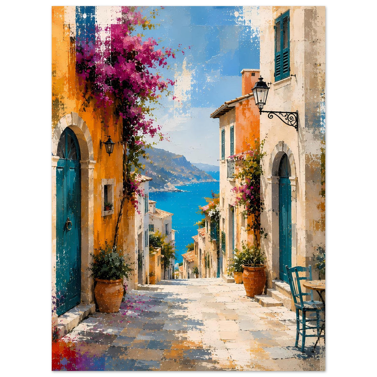 Mediterranes Gassen-Poster: Häuserwände, Meerblick und bunte Farbspritzer, im Hochformat