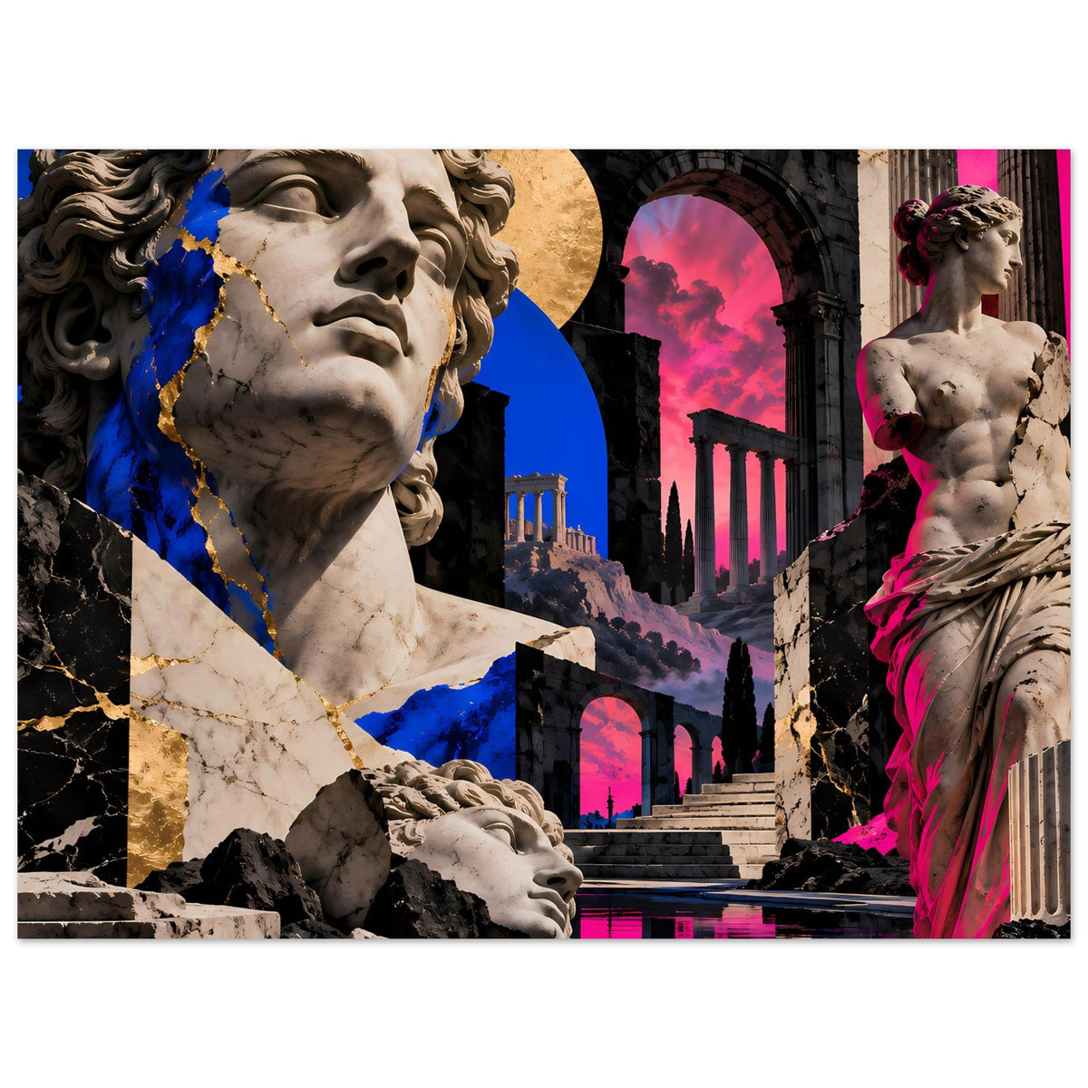 Kunstposter mit links liegendem Statuenkopf und rechteckiger Szene, blaue und pinke Akzente.
