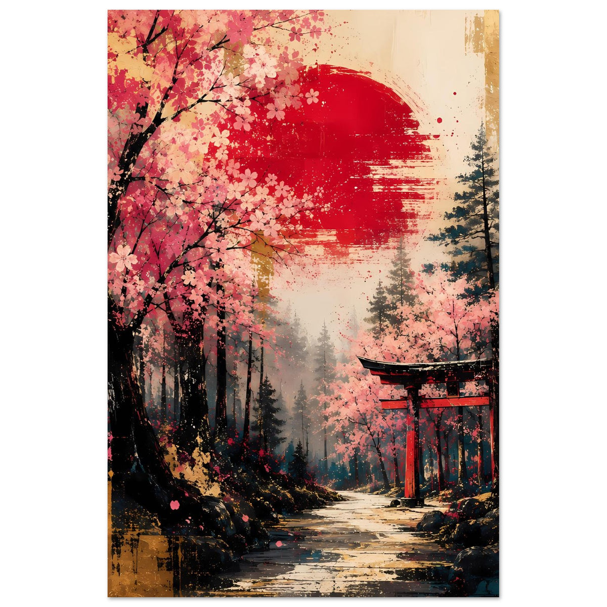 Poster im Hochformat mit Torii, Kirschblüten und rotem Halbmond über Tannen