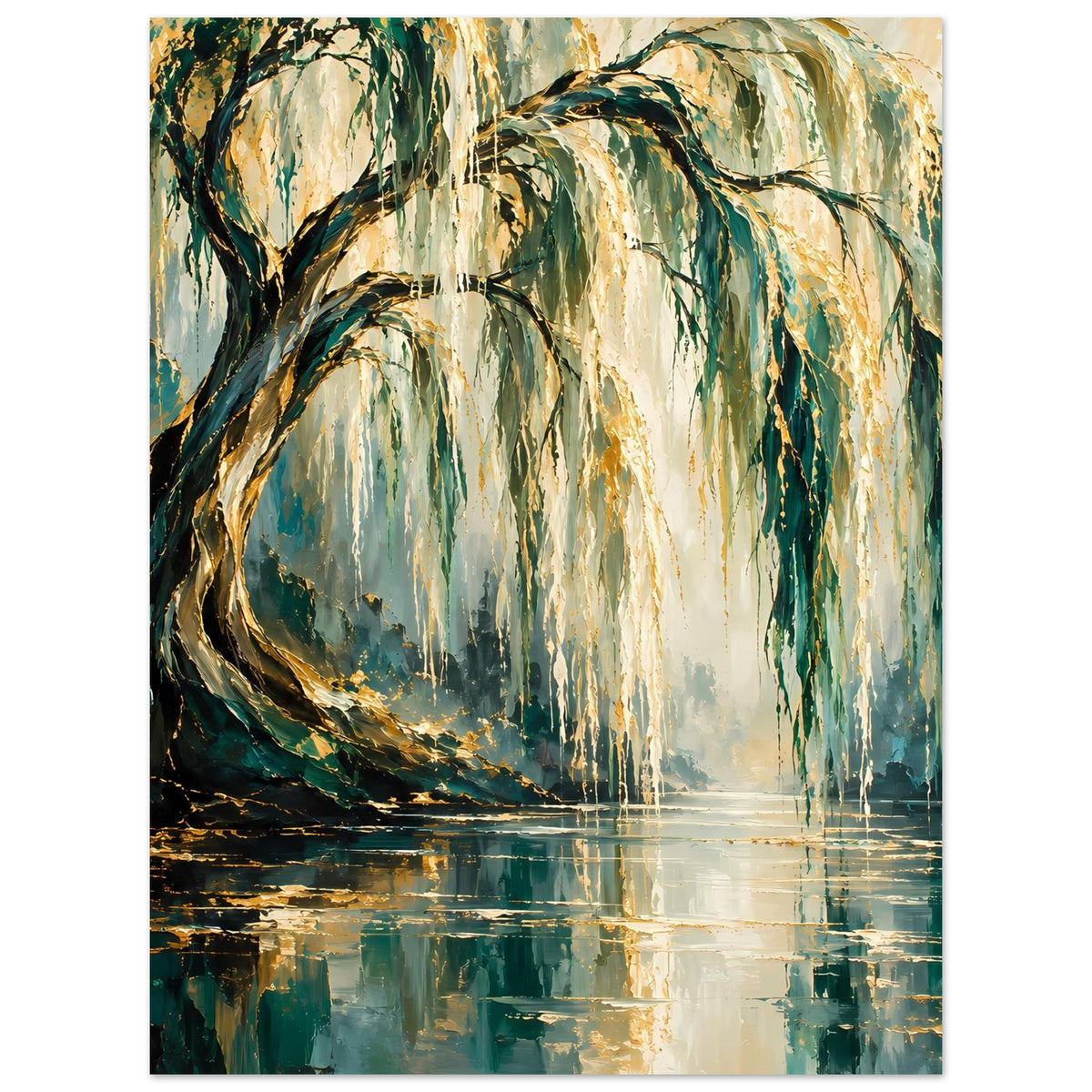 Poster mit Weidenbaum-Motiv in Grün und Gold, hängende Zweige mit Spiegelung im Wasser.