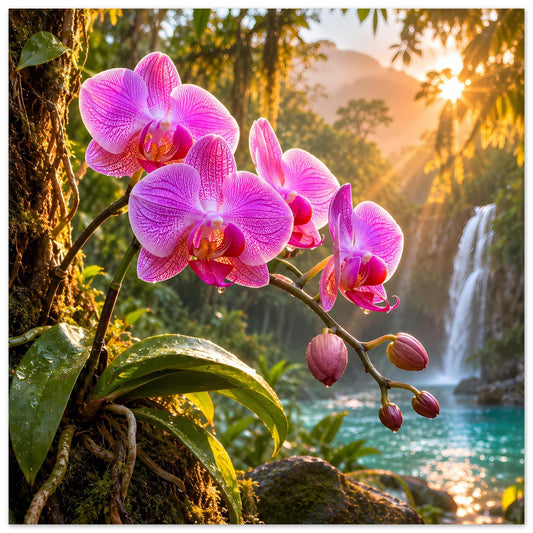 Poster mit pinken Orchideenblüten an einem Ast, Wasserfall im Hintergrund