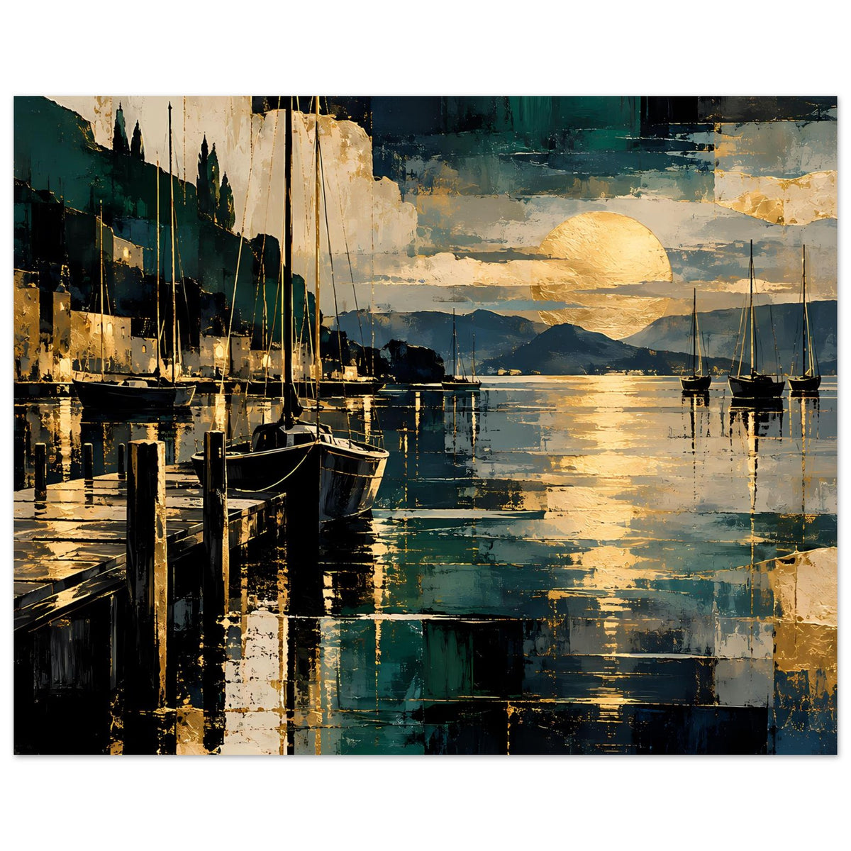 Poster mit Liegebooten im Hafen, Spiegelungen im Wasser, Blau-Gold Sonnenuntergang