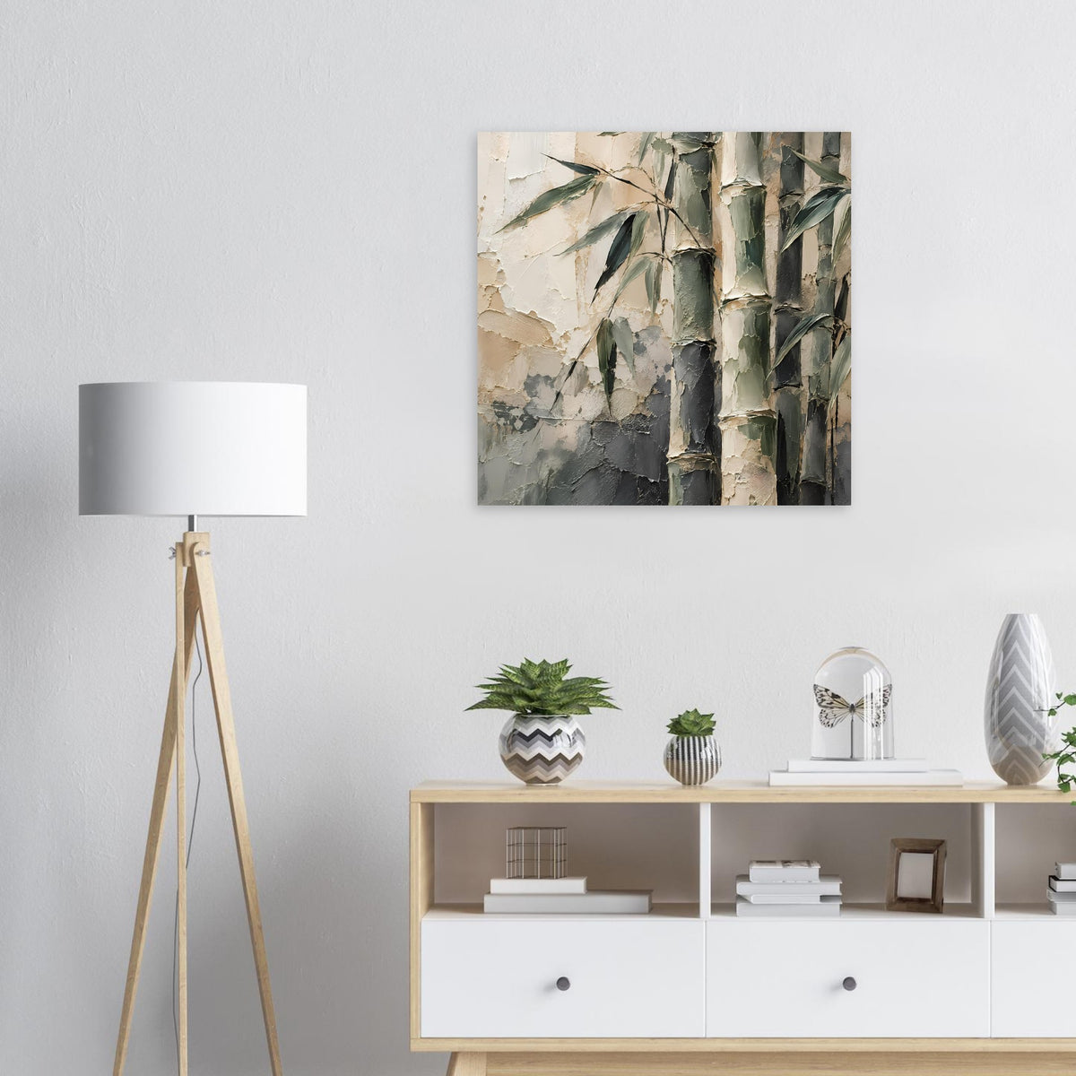 Poster mit abstraktem Bambusmotiv in Grün und Beige, quadratisch