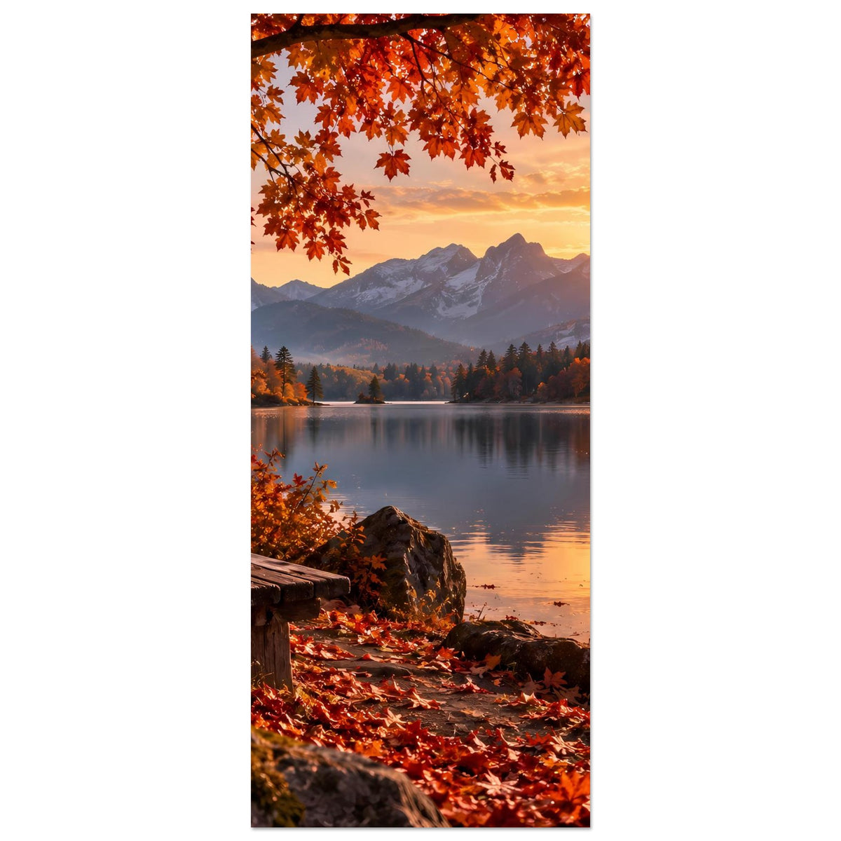 Herbstlandschaft-Poster im Hochformat: Sonnenuntergang über See, Berge und rotem Laub