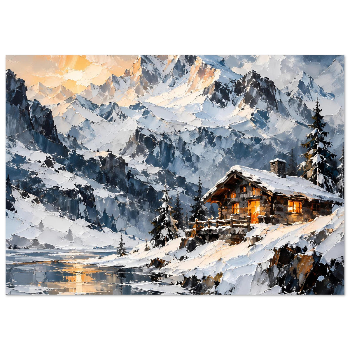 Horizontales Poster mit verschneiten Alpenbergen und warm beleuchteter Berghütte