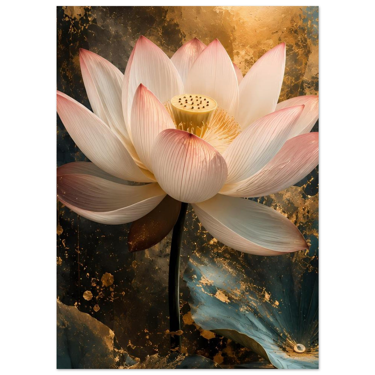 Hochformat-Poster mit großer weißer Lotusblüte und goldener Blütenmitte