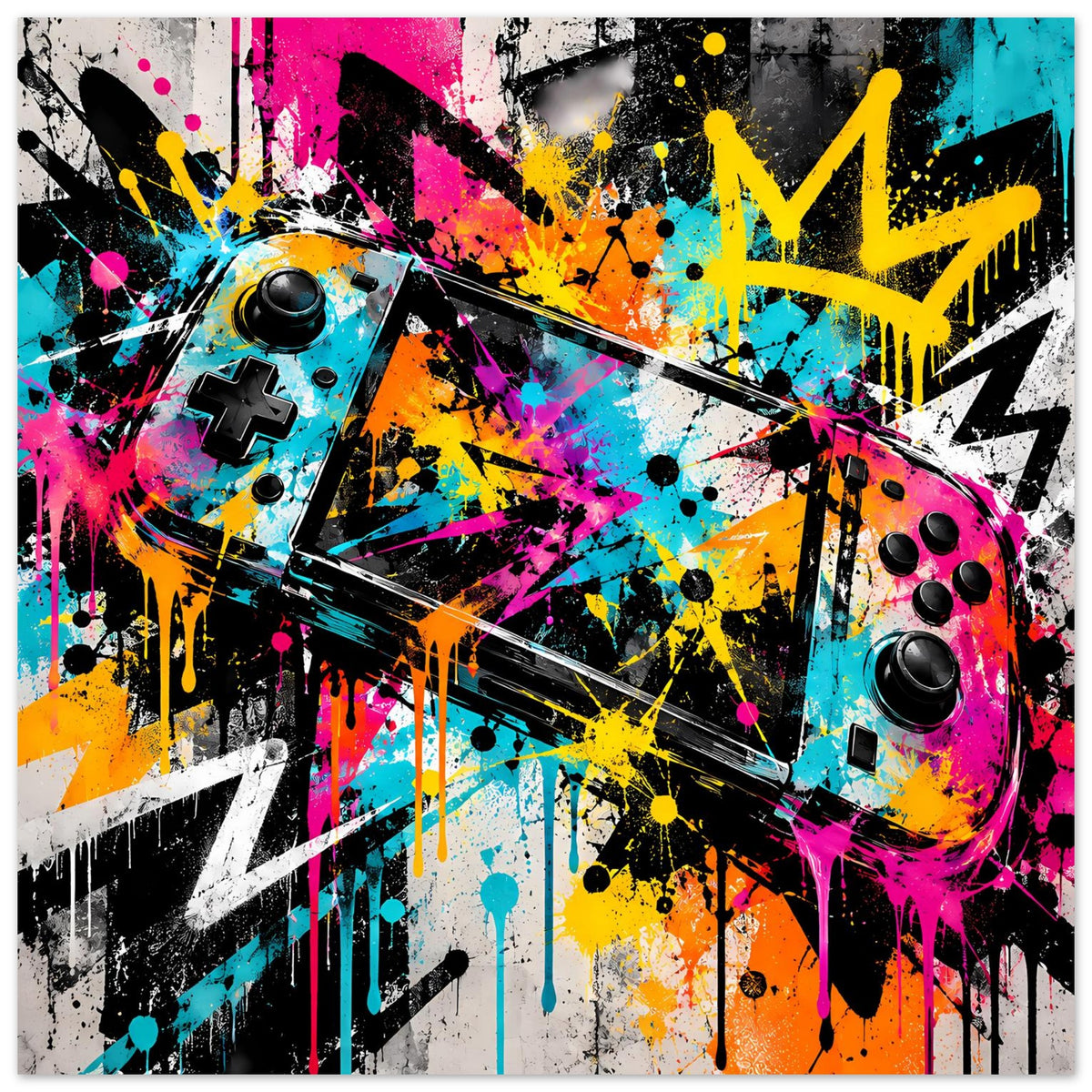 Gaming-Graffiti-Poster mit bunten Spritzern, Controller-Elementen und diagonaler Pfeilgrafik
