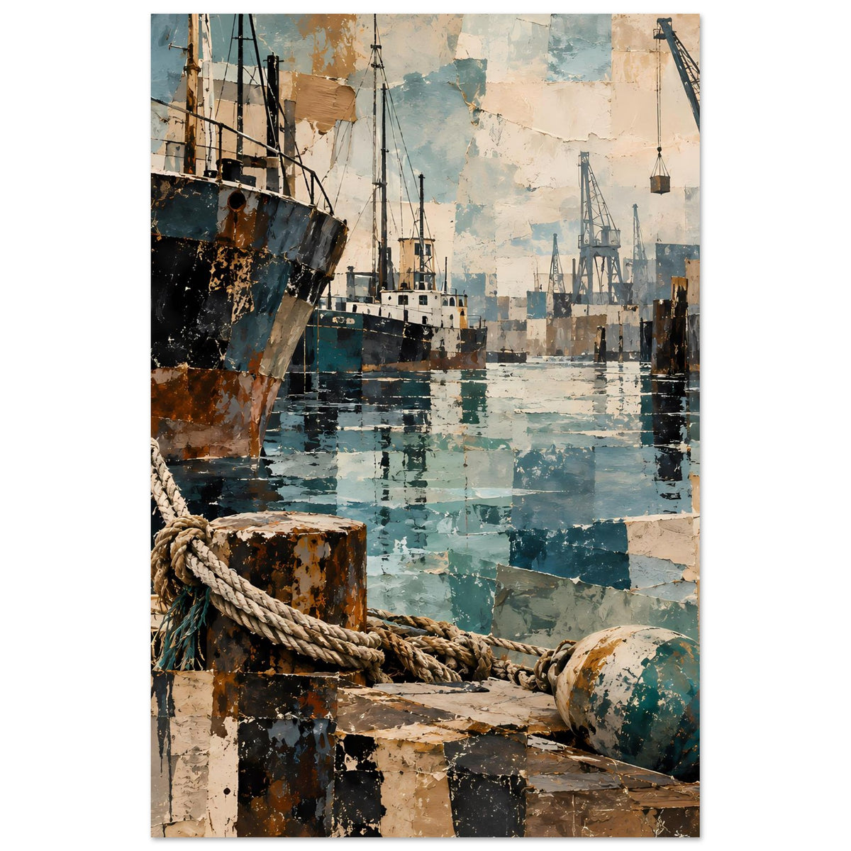 Maritimes Poster: Industriehafen mit Schiff, Kränen, Seil und Hafenkulisse