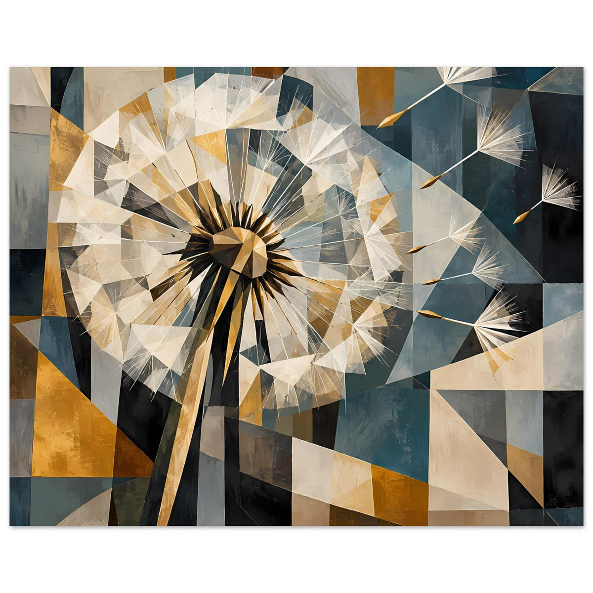Geometrisches Pusteblumen-Poster im Stil dreieckiger Formen, goldene und blaue Akzente